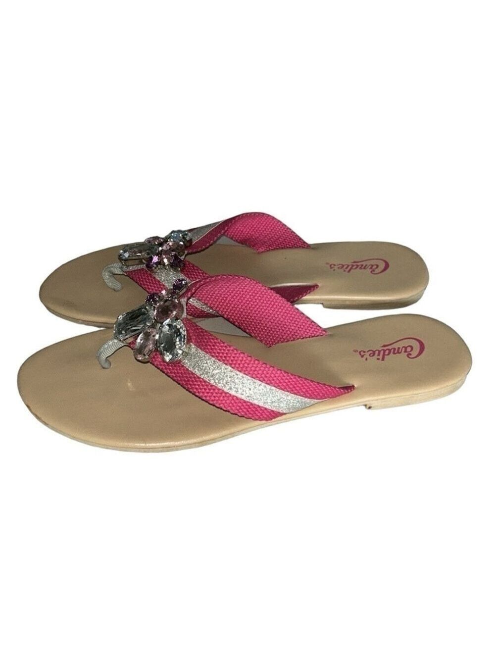 Candie’s Bejeweled Hot Pink and Metallic Silver Flip Flops with Jewels Size 7.5 - Picture 3 of 10